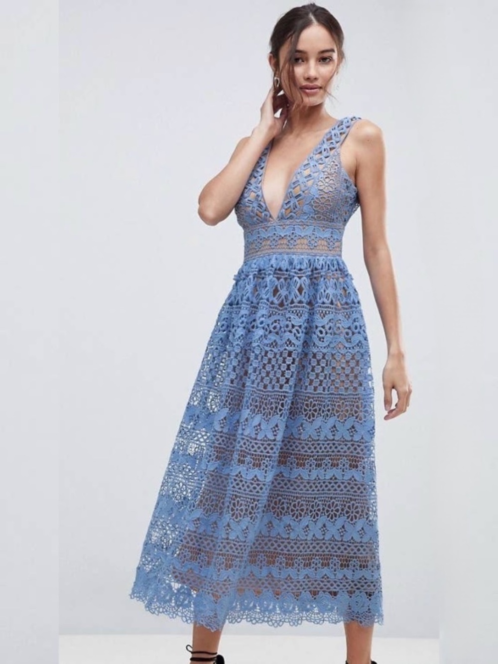 Boohoo Blue Lace Sleeveless Plunging V-Neck Midi Evening Dress Size 4